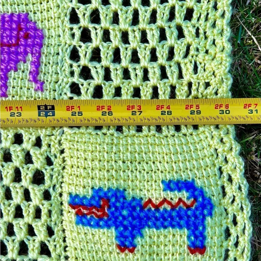 Vtg MCM Handmade Yellow Crotcheted Afghan/Baby Blanket Zoo Animals Squares GVC